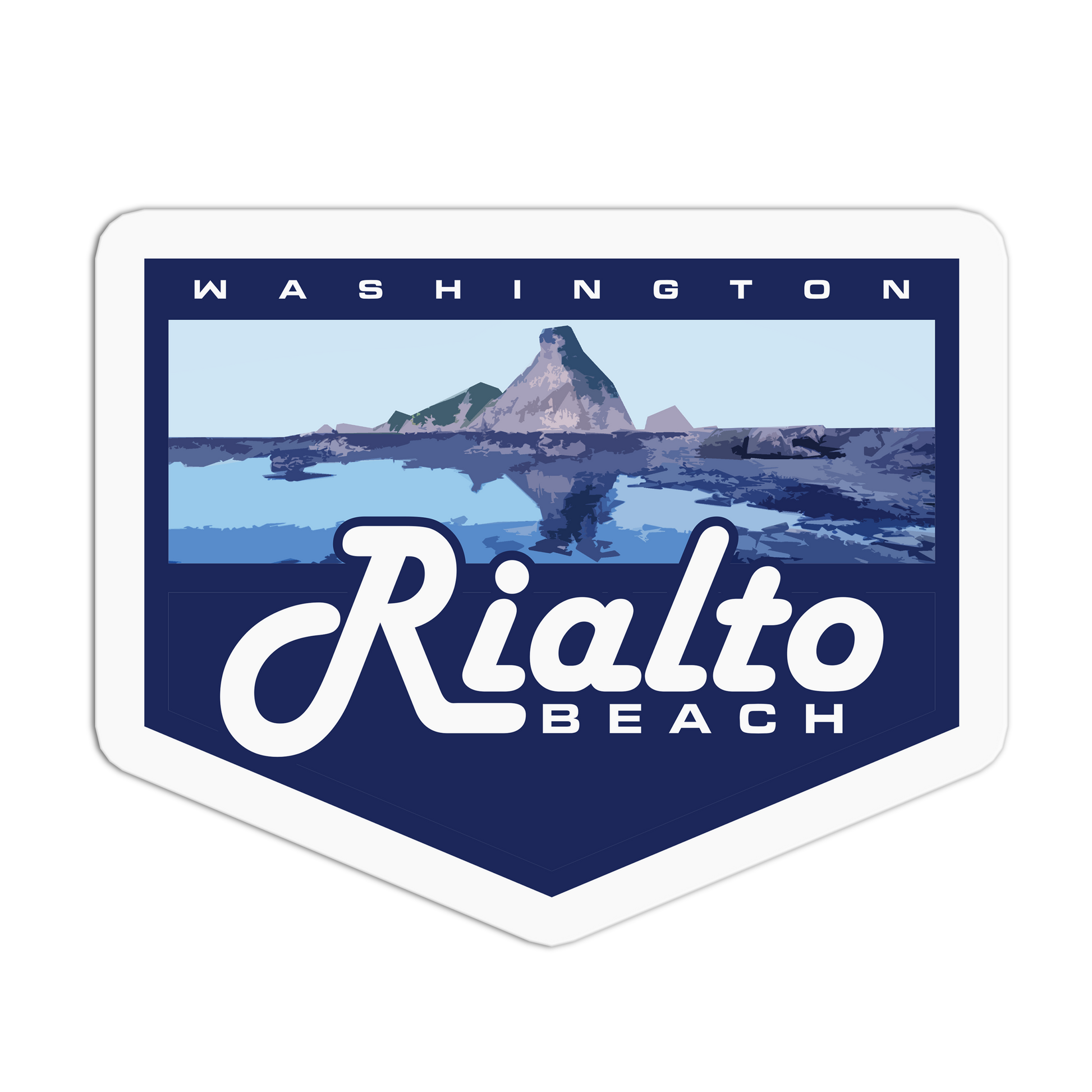 Sticker with Rialto Beach, Washington design featuring a mountain and water.