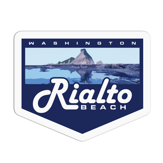 Sticker with Rialto Beach, Washington design featuring a mountain and water.