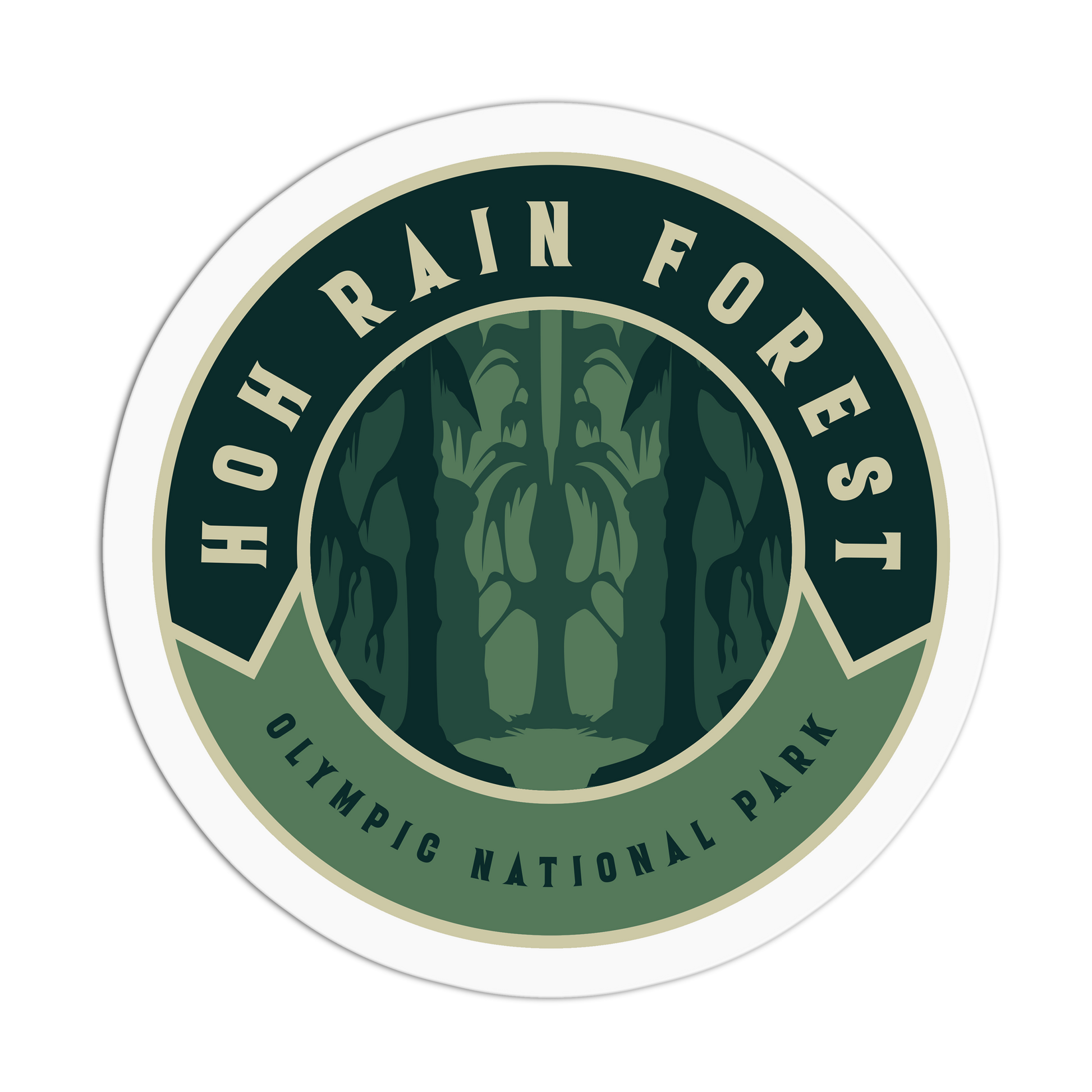 Sticker with 'Hoh Rain Forest, Olympic National Park' design on a white background