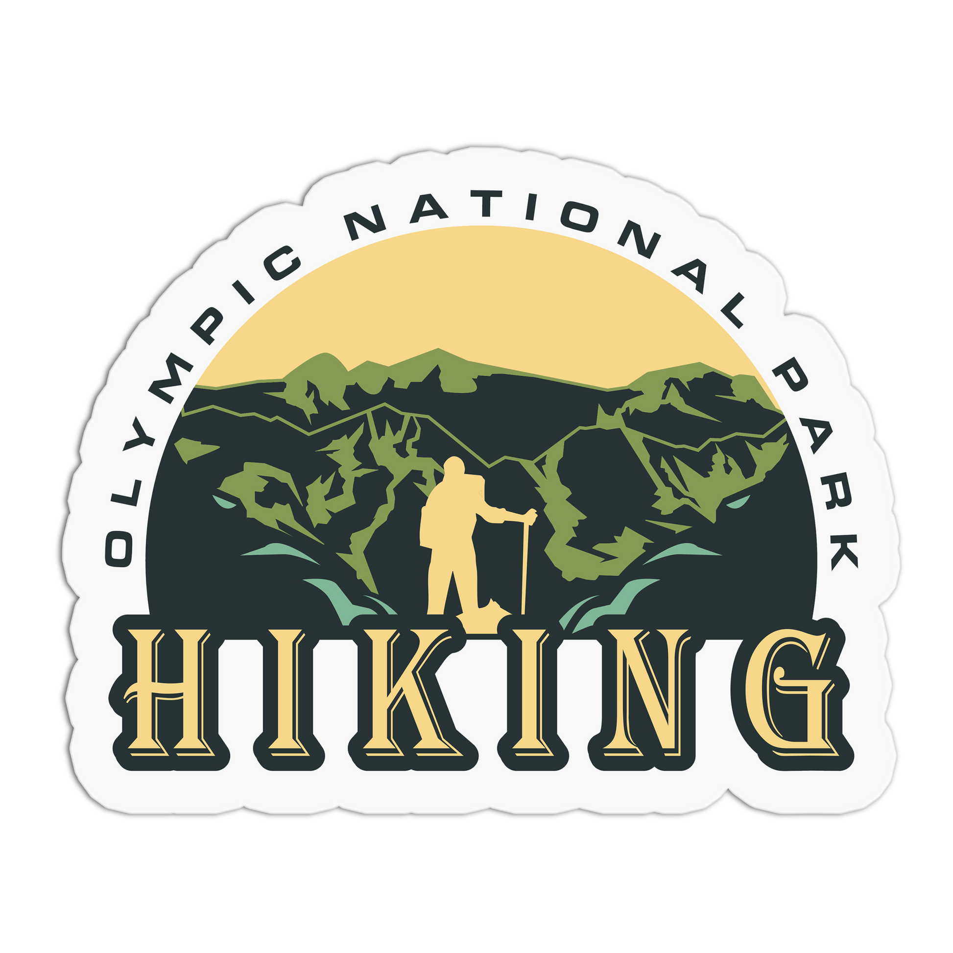 Sticker with Olympic National Park hiking design featuring a hiker and mountains.
