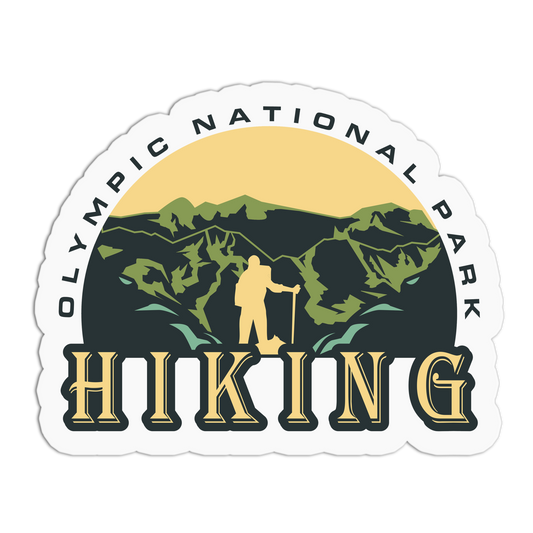 Sticker with Olympic National Park hiking design featuring a hiker and mountains.