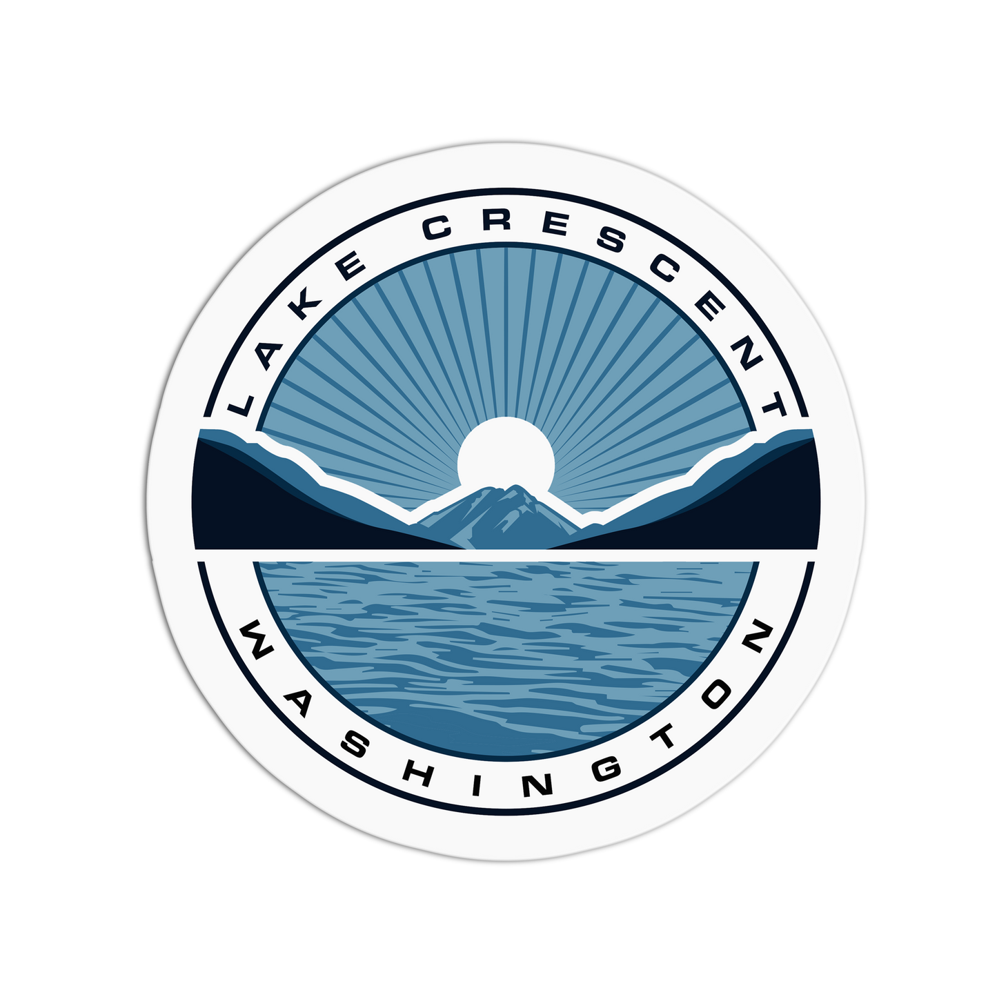 Lake Crescent Washington logo with mountain and sunset design on a white background