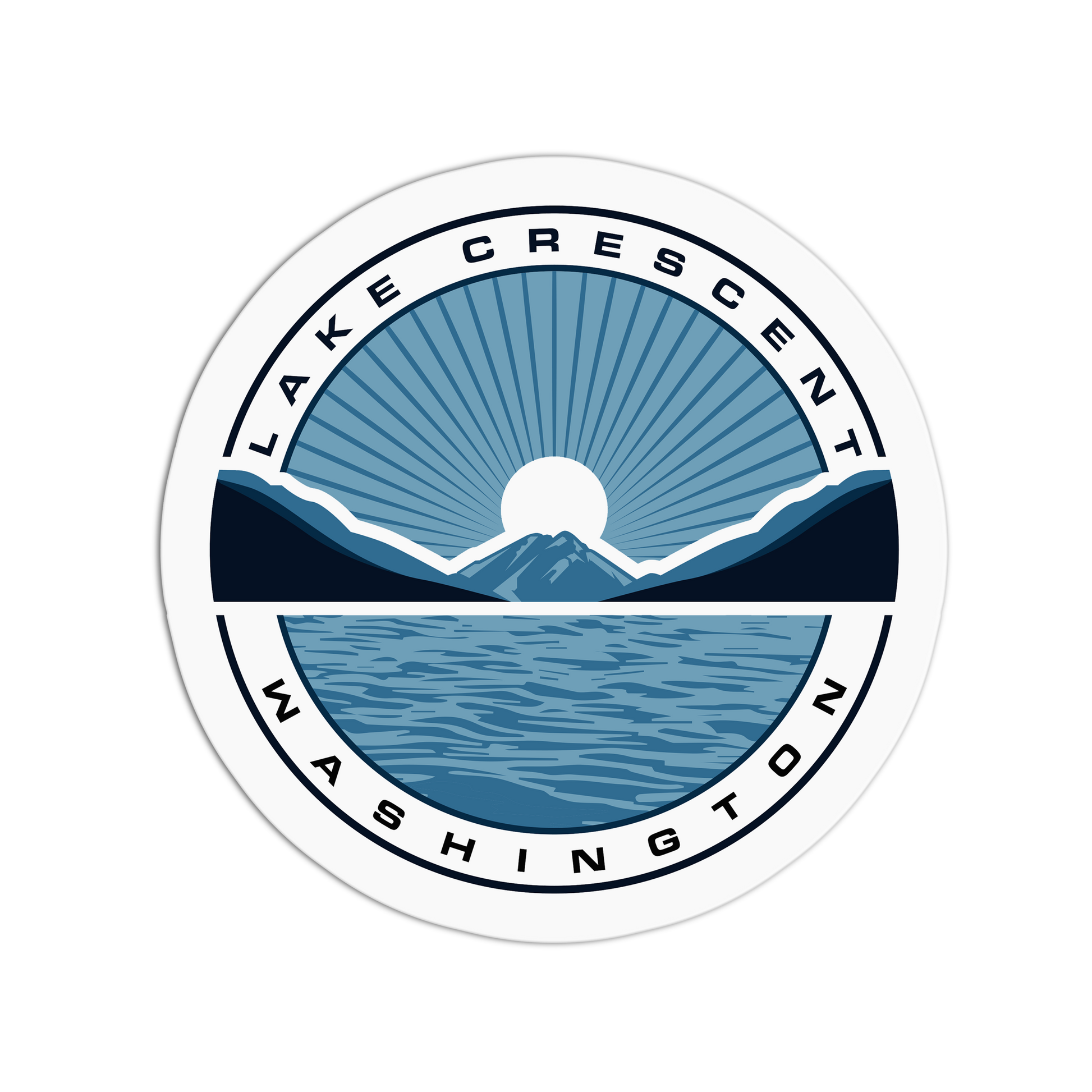 Lake Crescent Washington logo with mountain and sunset design on a white background