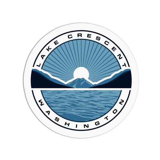 Lake Crescent Washington logo with mountain and sunset design on a white background