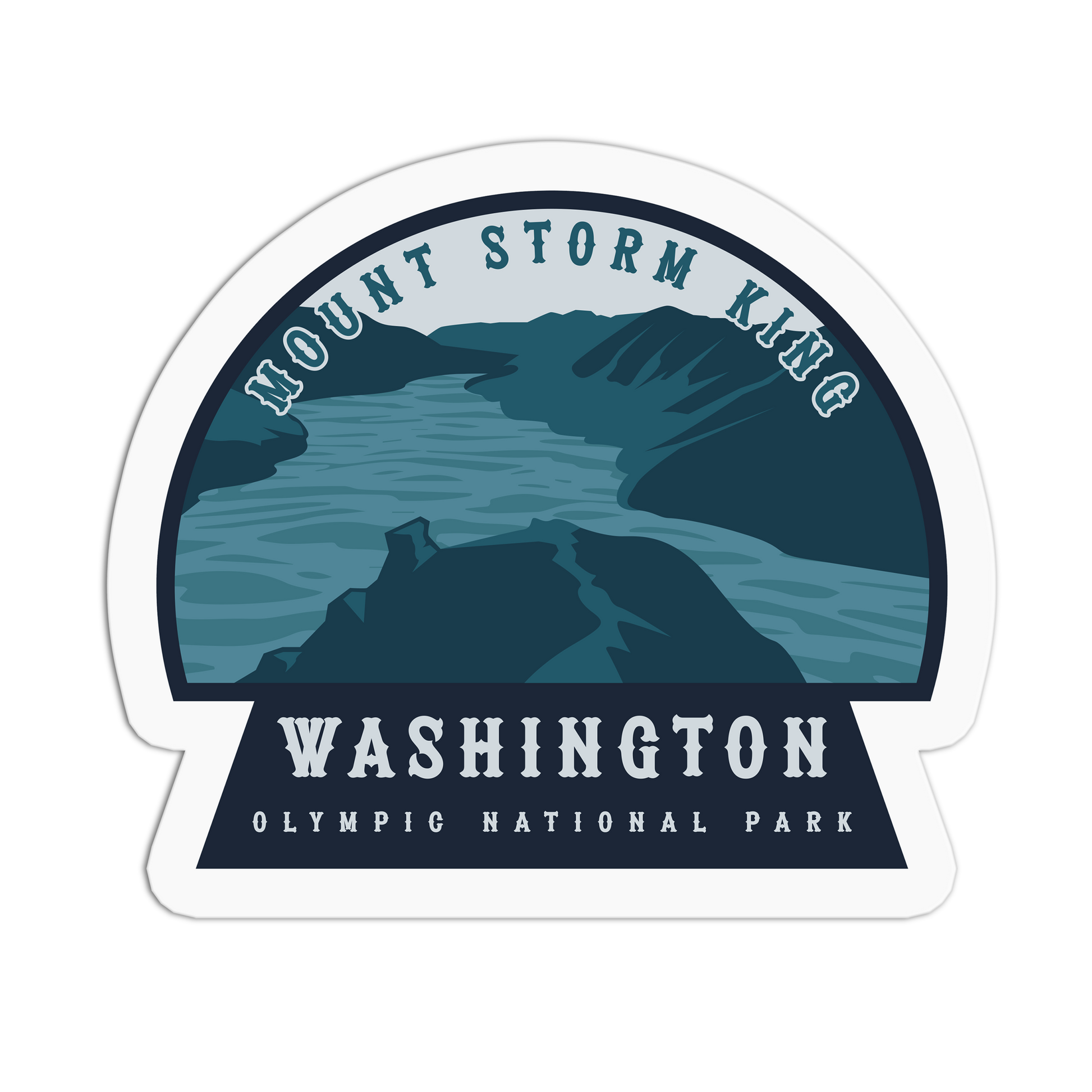 Sticker with Mount Storm King and Washington Olympic National Park text on a white background