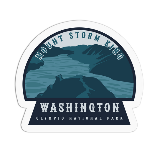 Sticker with Mount Storm King and Washington Olympic National Park text on a white background
