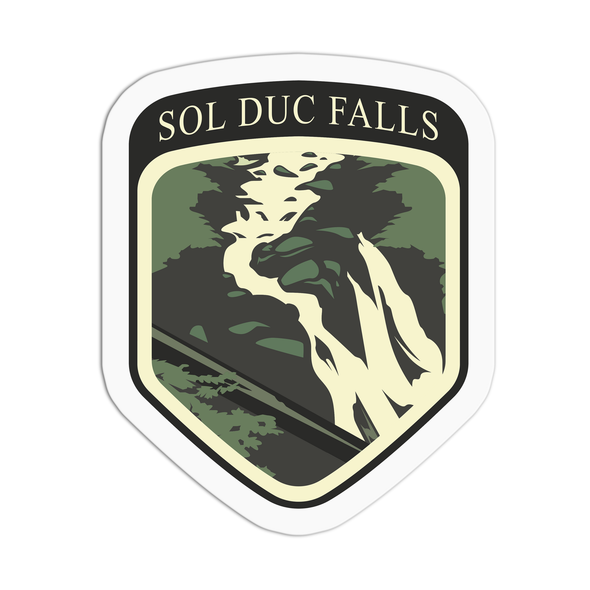 Sticker with 'SOL DUC FALLS' text and a graphic of trees and water on a white background