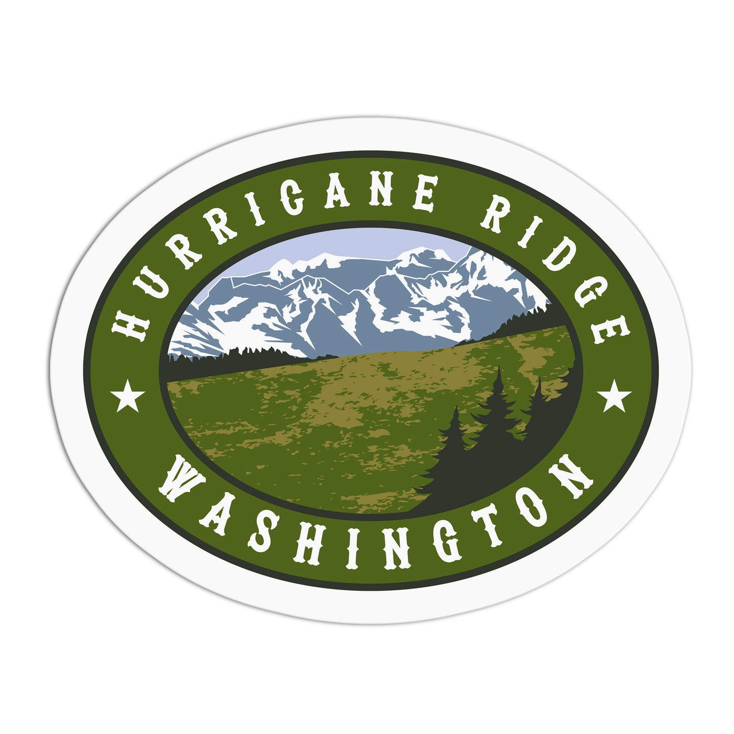 Sticker with 'Hurricane Ridge, Washington' design featuring mountains and greenery.