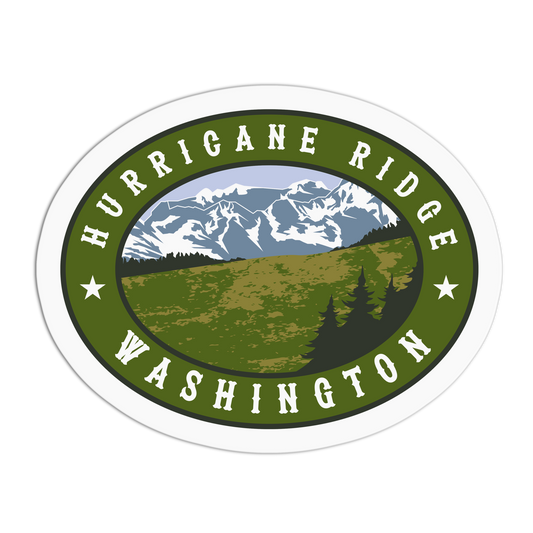 Sticker with 'Hurricane Ridge, Washington' design featuring mountains and greenery.