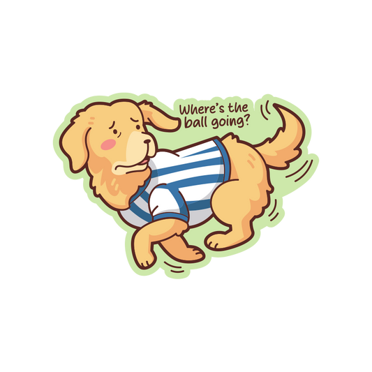 Cartoon dog in a striped shirt with text 'Where's the ball going?' on a white background