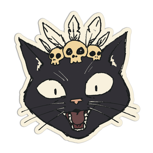 Sticker of a black cat with skull and feather headpiece on a white background