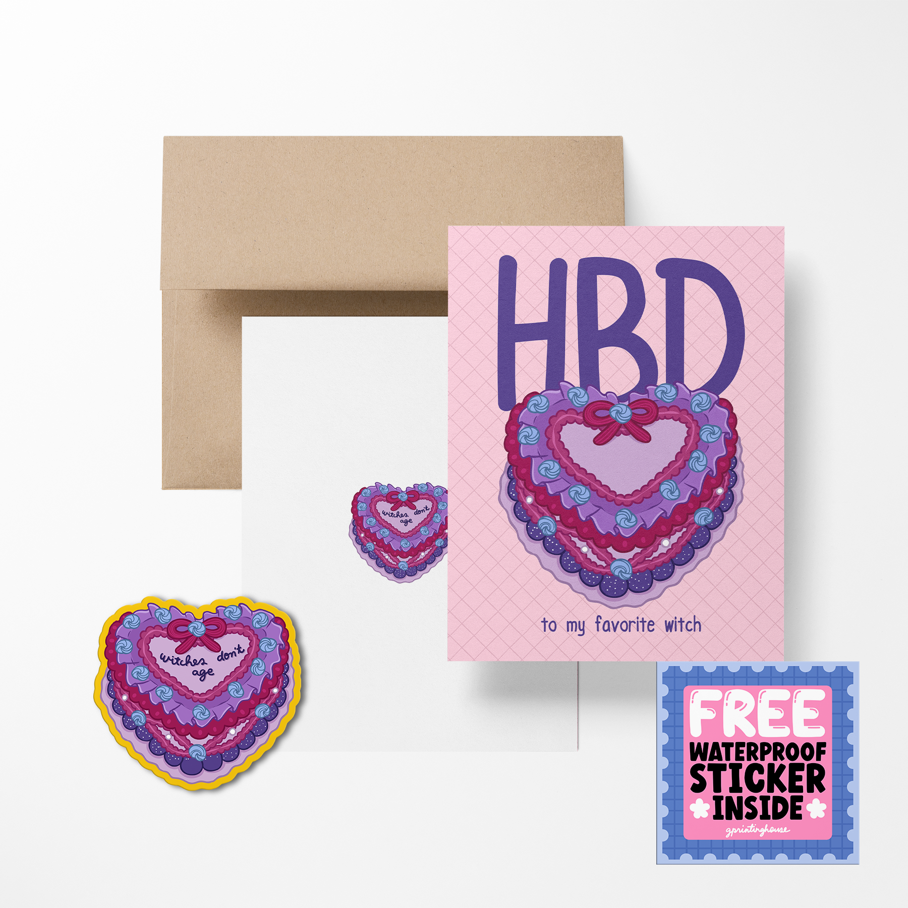 Greeting card with heart design and envelope, featuring a free waterproof sticker inside.