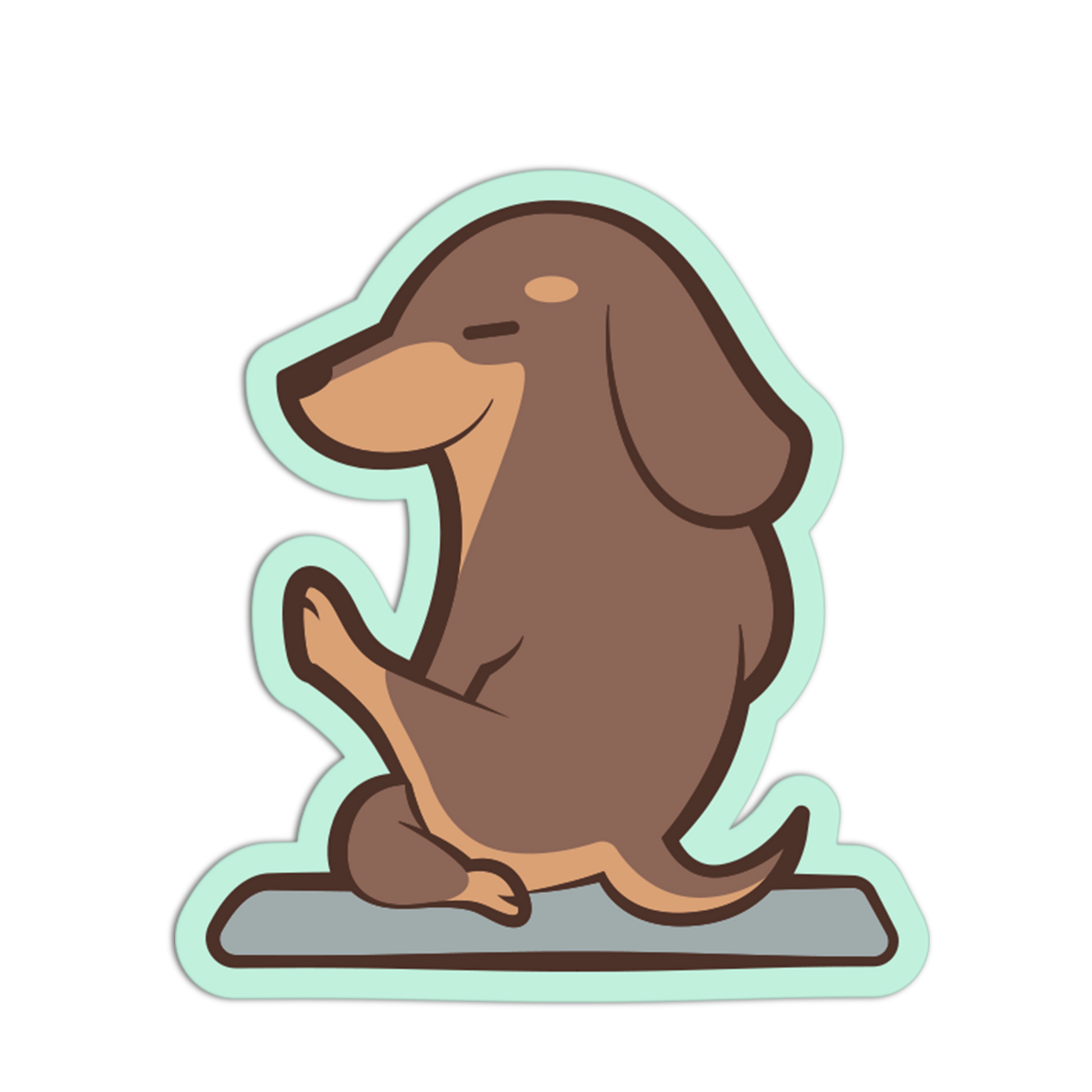 Cartoon dachshund sticker with a light blue border on a white background