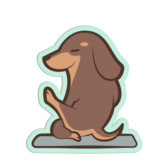 Cartoon dachshund sticker with a light blue border on a white background