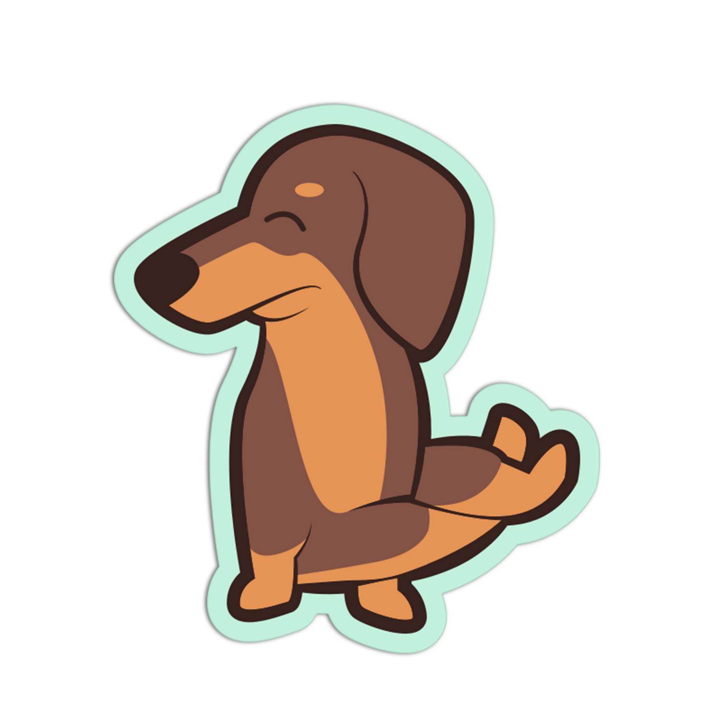 Cartoon dachshund sticker with a light green border on a white background