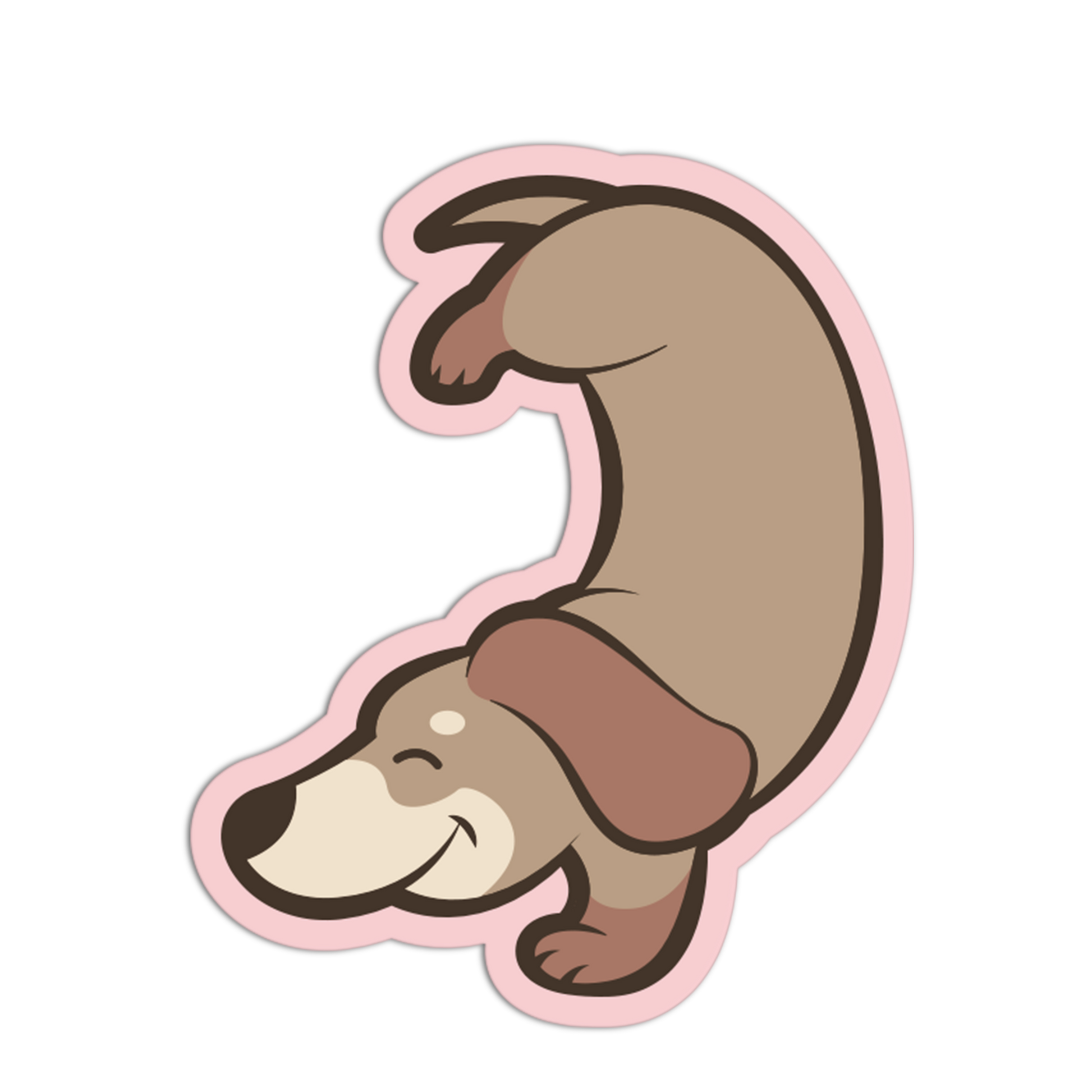 Cartoon-style dachshund sticker with a pink border on a white background