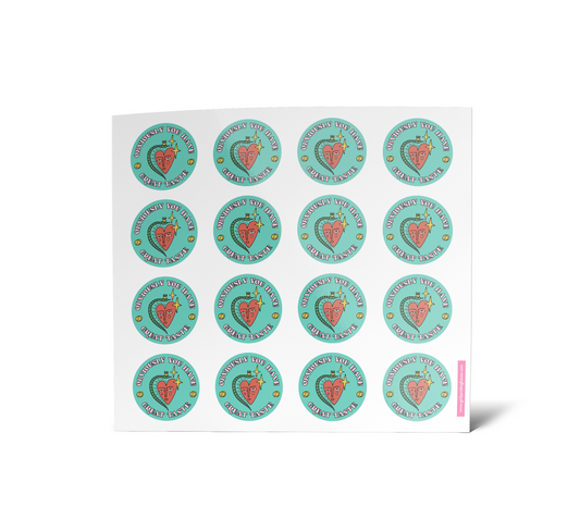 A sheet of round cut vinyl stickers with a heart pattern and text design.