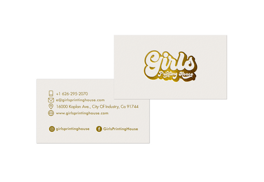 A business card with gold foil stamping on the front, with the back side being blank for personal information.