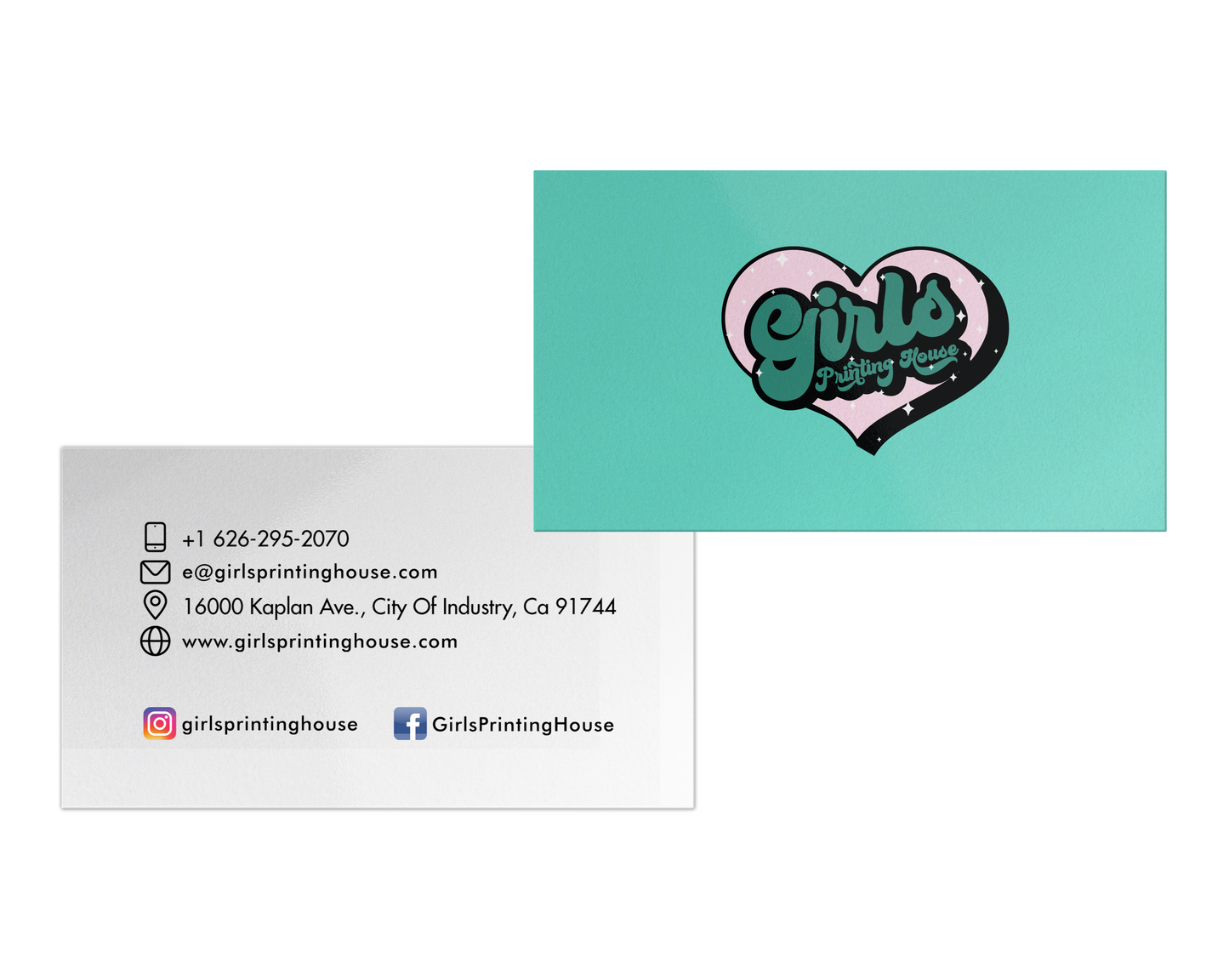 A matte business card with a pink and green heart-shaped logo and text fields for personalization.