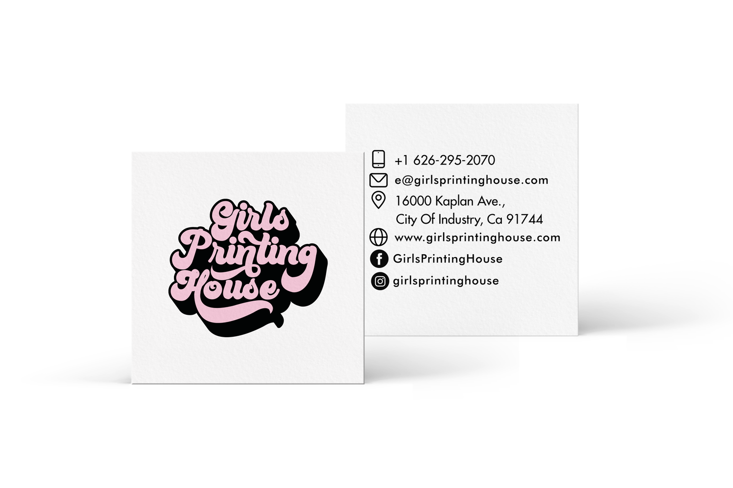 A stack of white business cards with the pink logo 'Girls Printing House' on the front and contact details on the back.