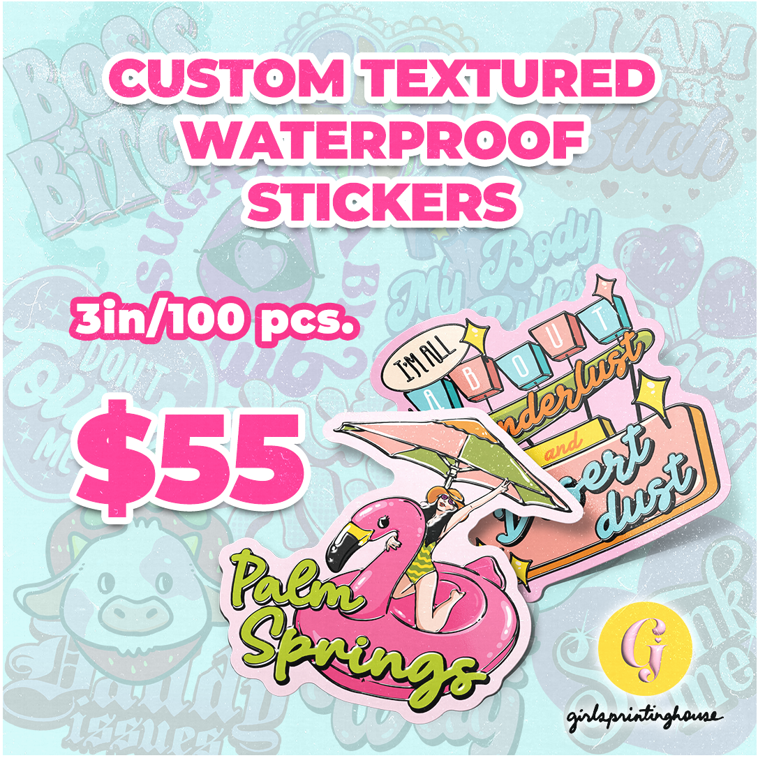Advertisement for custom vinyl round stickers with various designs, available in glossy or matte finishes, priced at $55 for 100 pieces, 3 inches each.