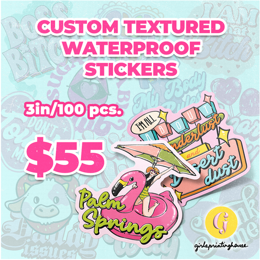Advertisement for custom vinyl round stickers with various designs, available in glossy or matte finishes, priced at $55 for 100 pieces, 3 inches each.