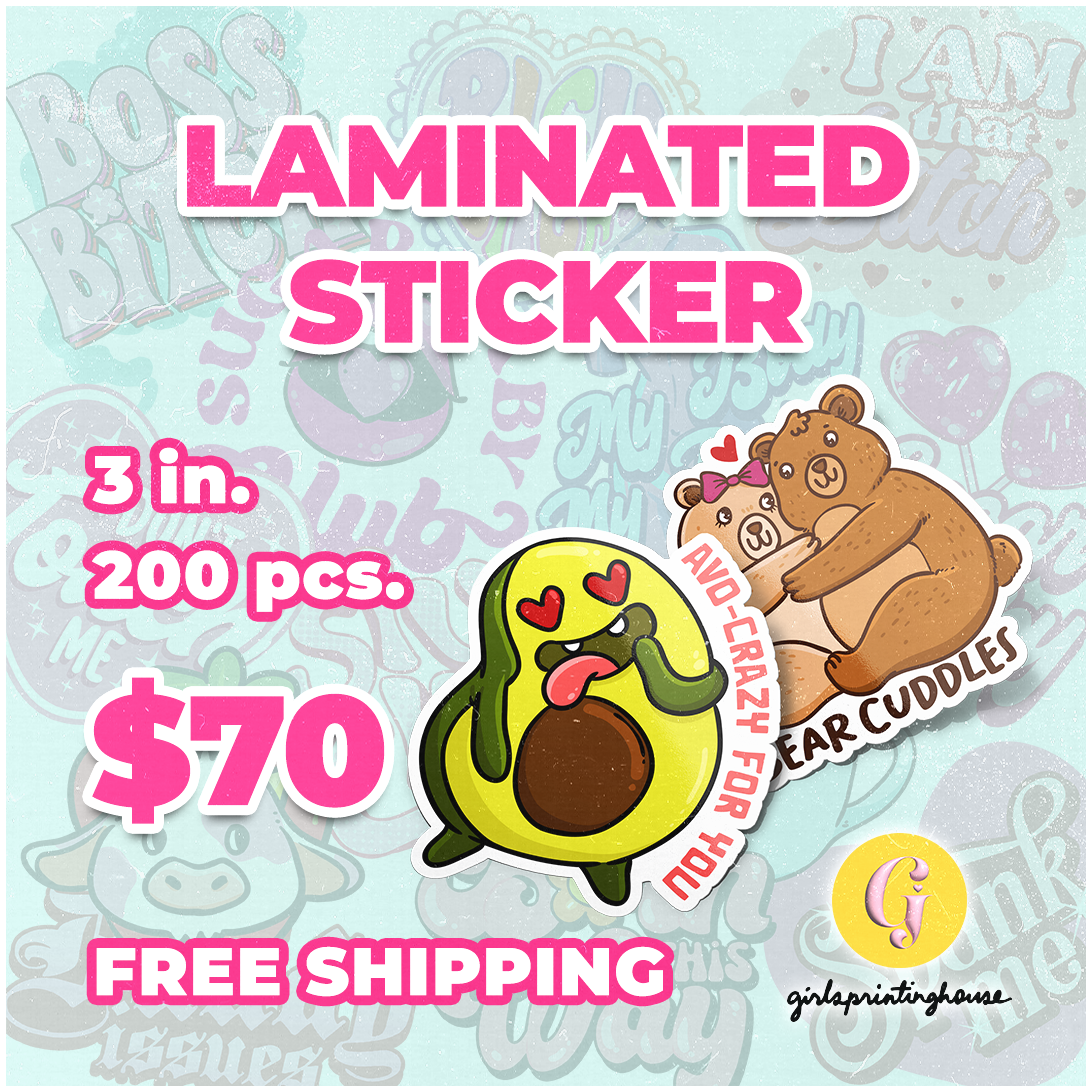 Advertisement for laminated stickers featuring two cartoon characters, a green avocado and a brown bear, with heart eyes. The ad includes details about the sticker size, quantity, price, and mentions 'FREE SHIPPING'.