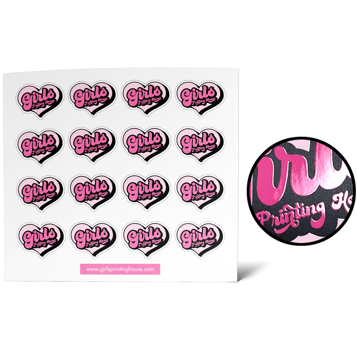 A set of pink and black product labels with the word 'Girls' printed on them, along with the branding 'Girls Printing House'.