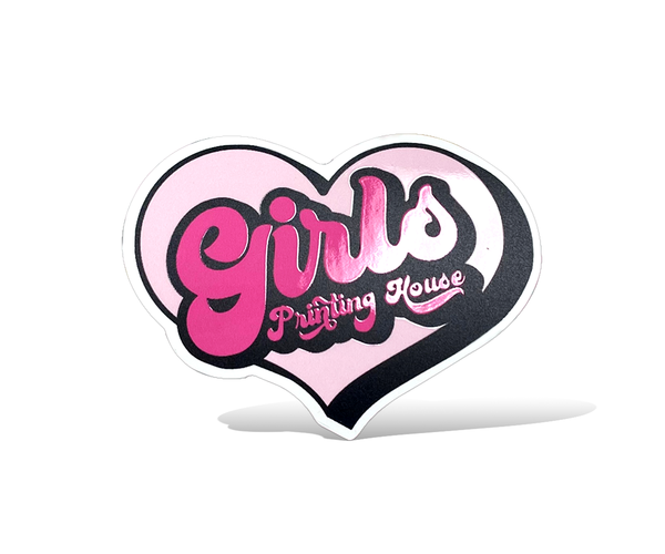 A custom sticker with the text 'girls' in pink inside a heart shape, with a raised spot UV finish.