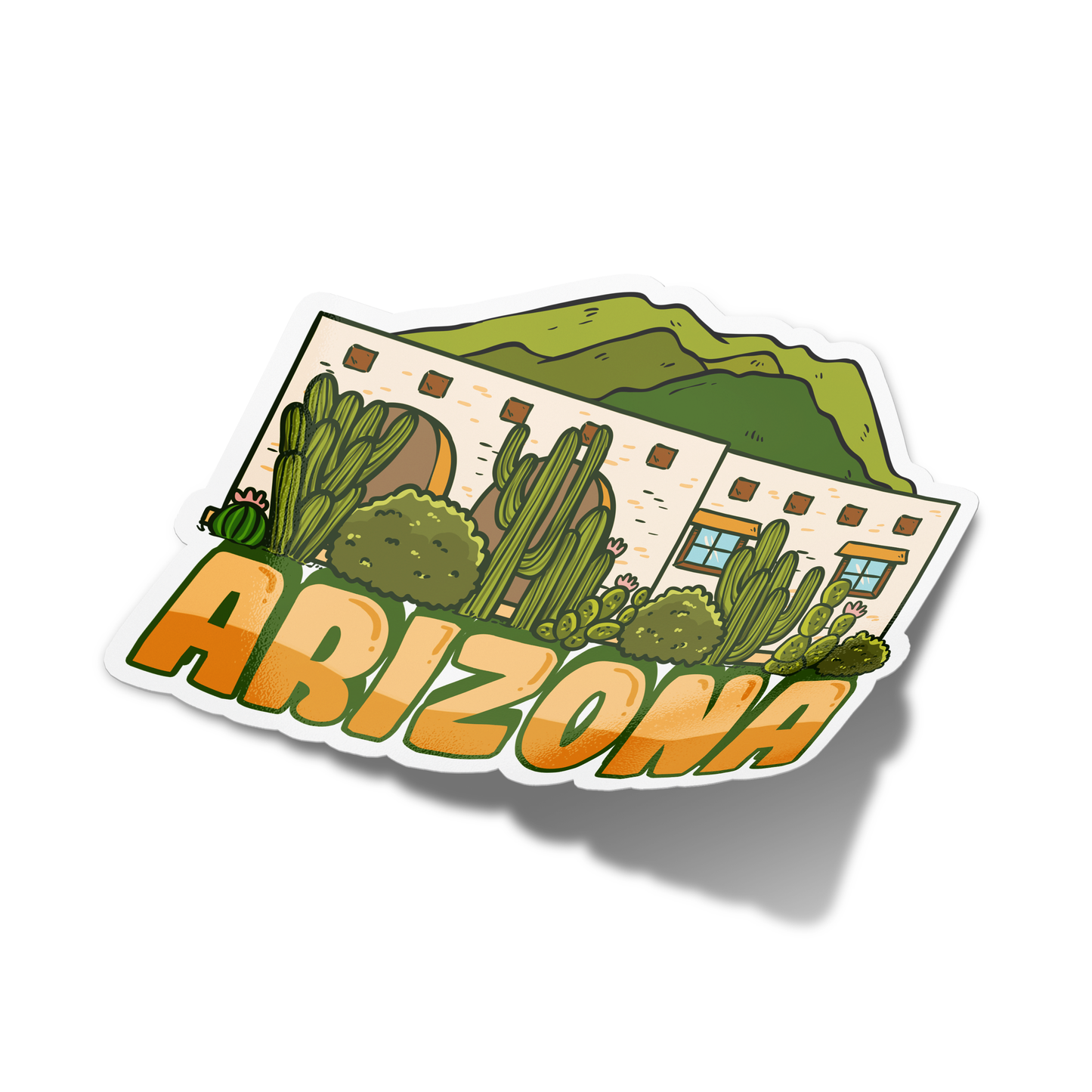 A colorful sticker with a cartoonish representation of a building and cacti, with the text 'AZ' and 'ARIZONA' prominently displayed.