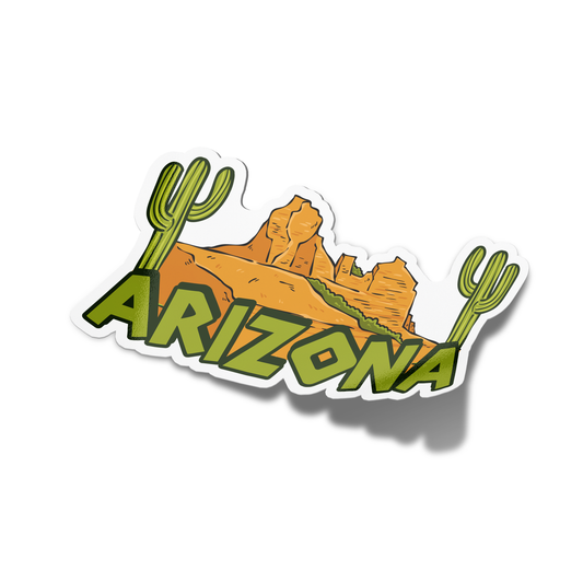 A sticker with a green cactus and orange mountains labeled 'Arizona'.