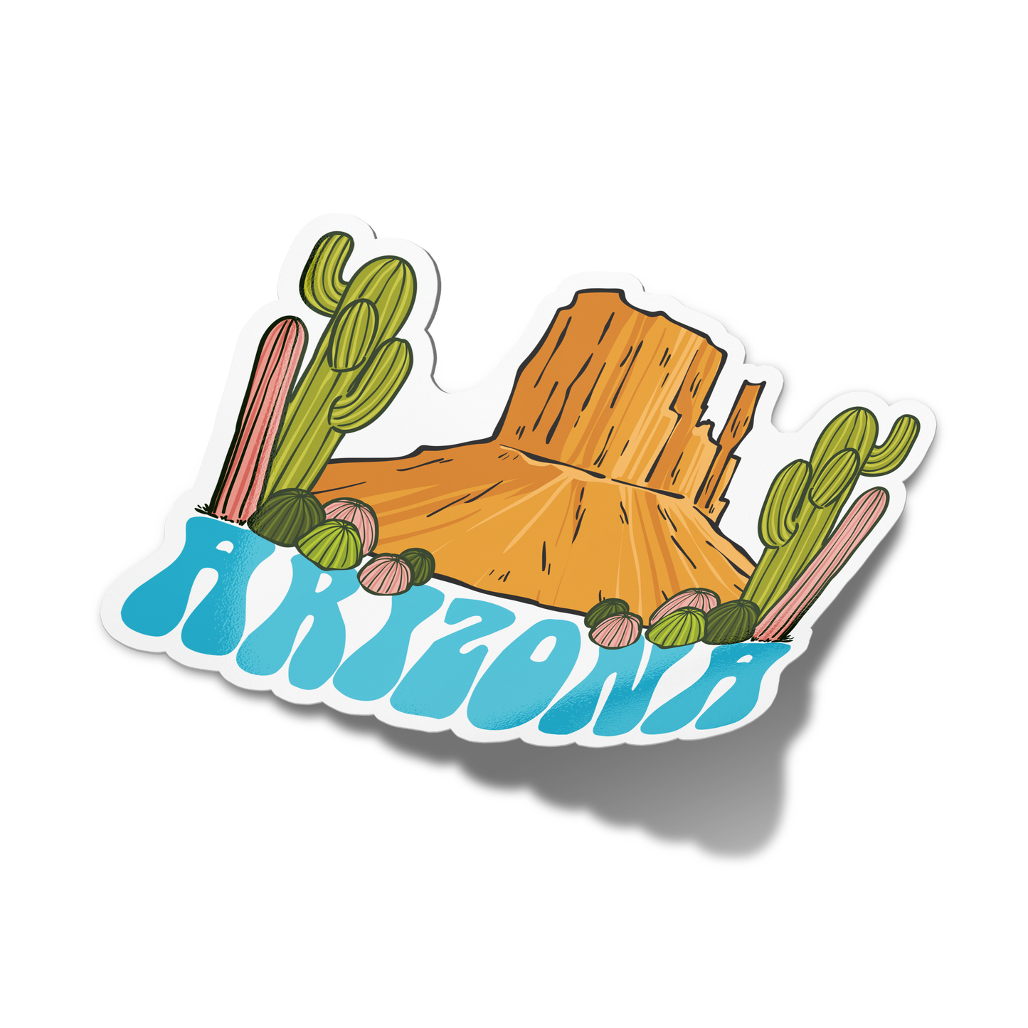 A sticker with a cartoonish representation of Arizona with a mountain and cacti, predominantly in blue and green colors.