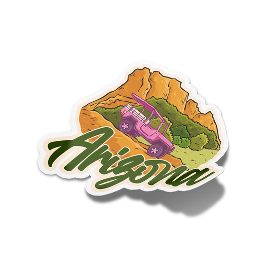 A sticker with an illustration of a pink vehicle, likely a jeep, on a mountain with greenery in the background, and the word 'Arizona' across the bottom.