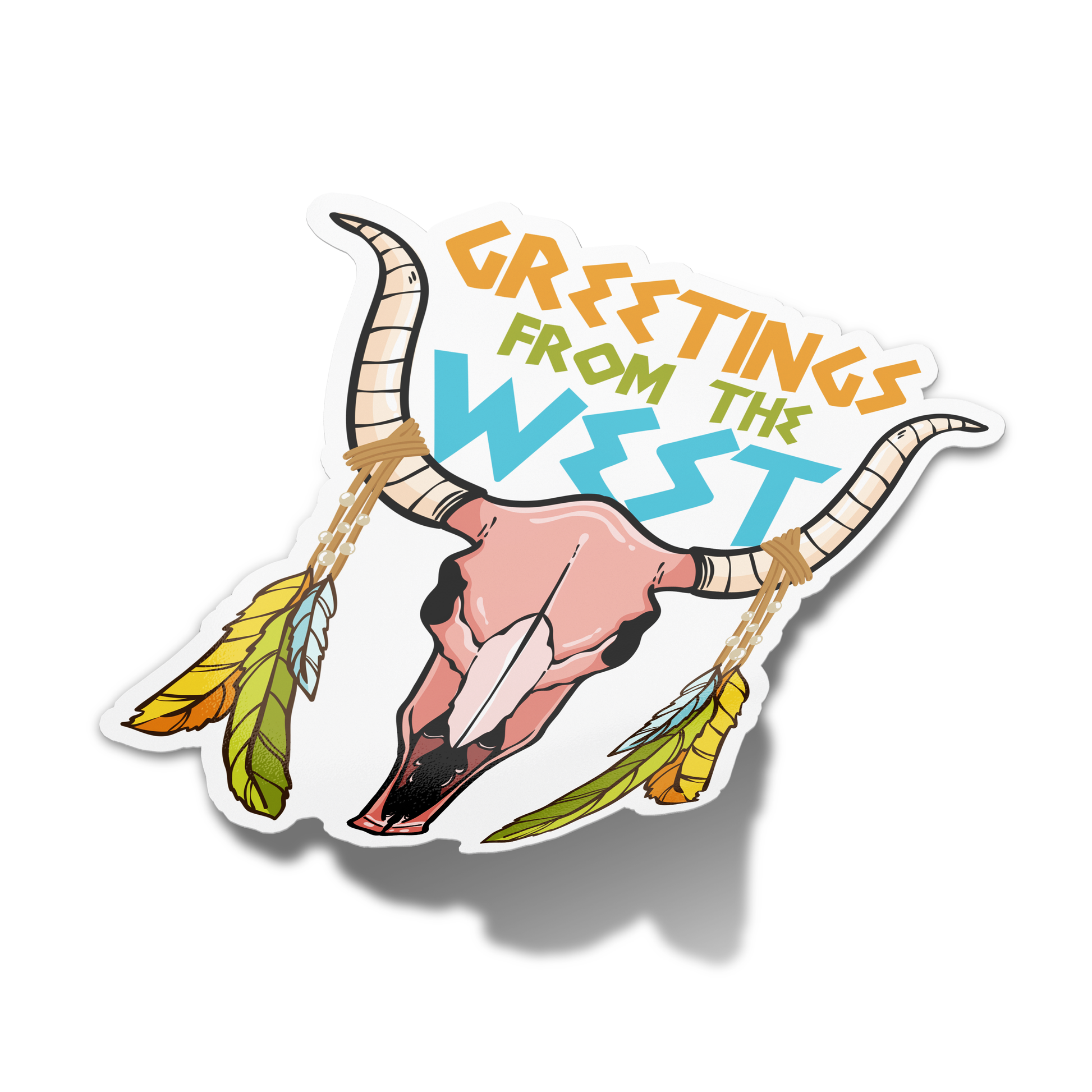 A sticker with a bovine skull design and the text 'GREETINGS FROM THE WEST'.