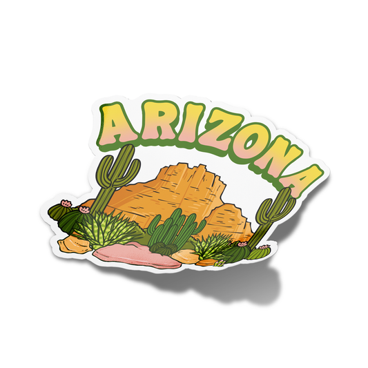 A sticker with a green and multicolor design featuring the word 'Arizona' and a graphic of a cactus.