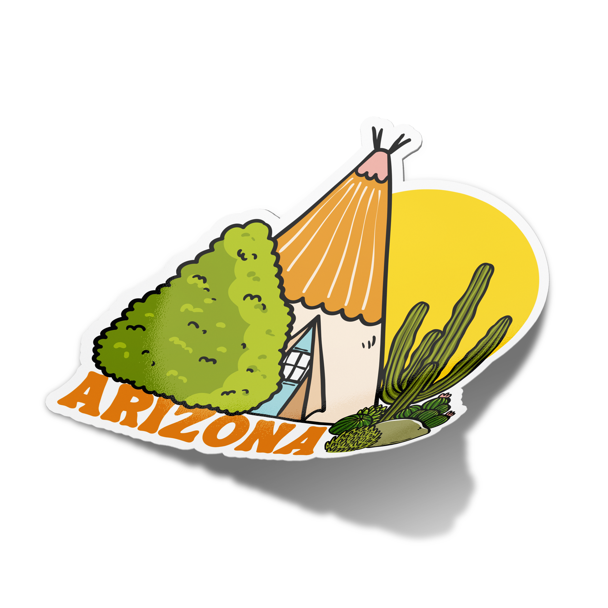 A colorful sticker depicting a stylized representation of Arizona with a house, trees, and the state's name.