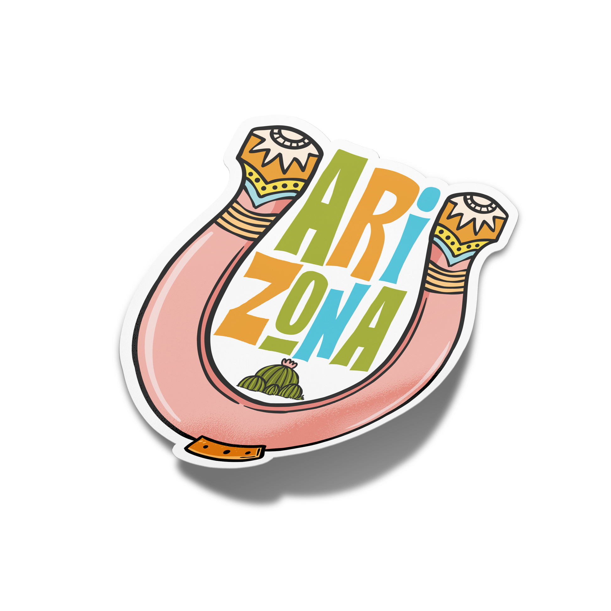 A sticker with a pink outline and orange text, featuring the word 'Arizona' and a cactus illustration, indicating it is a state sticker for Arizona.
