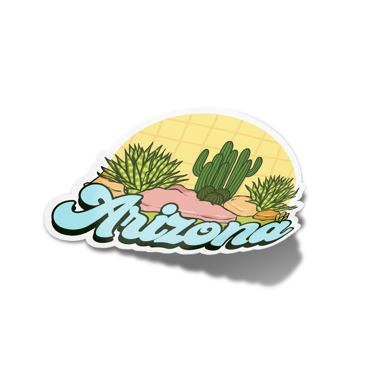 A colorful sticker with a pineapple, cacti, and the word 'Arizona' on a yellow background.