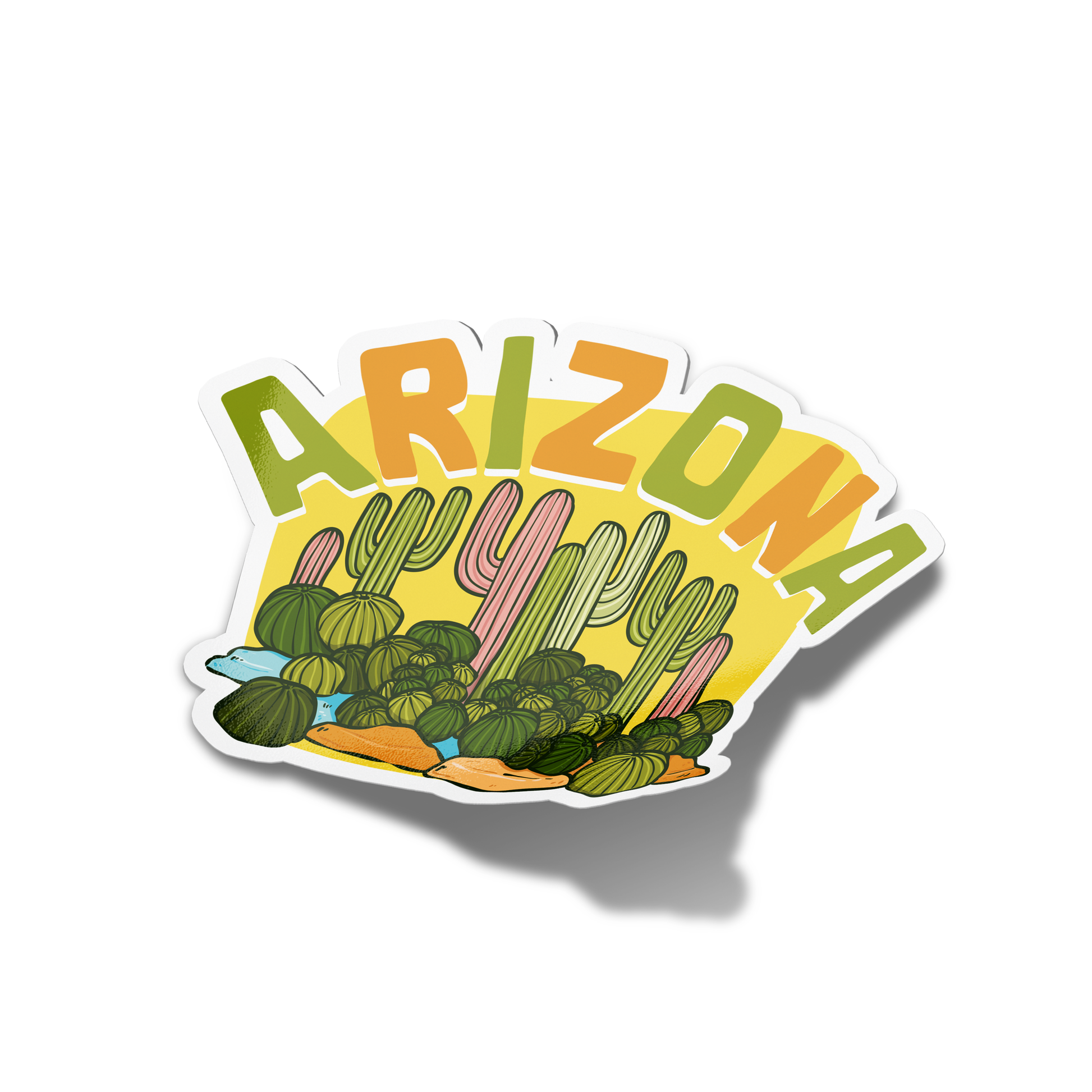 A sticker with a yellow background featuring green and pink cacti and the text 'Arizona' in bold letters.