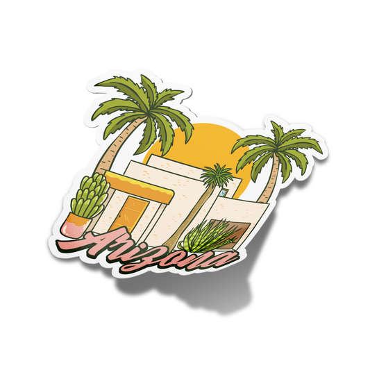 A sticker with a green and yellow theme, featuring palm trees and the word 'Arizona'.