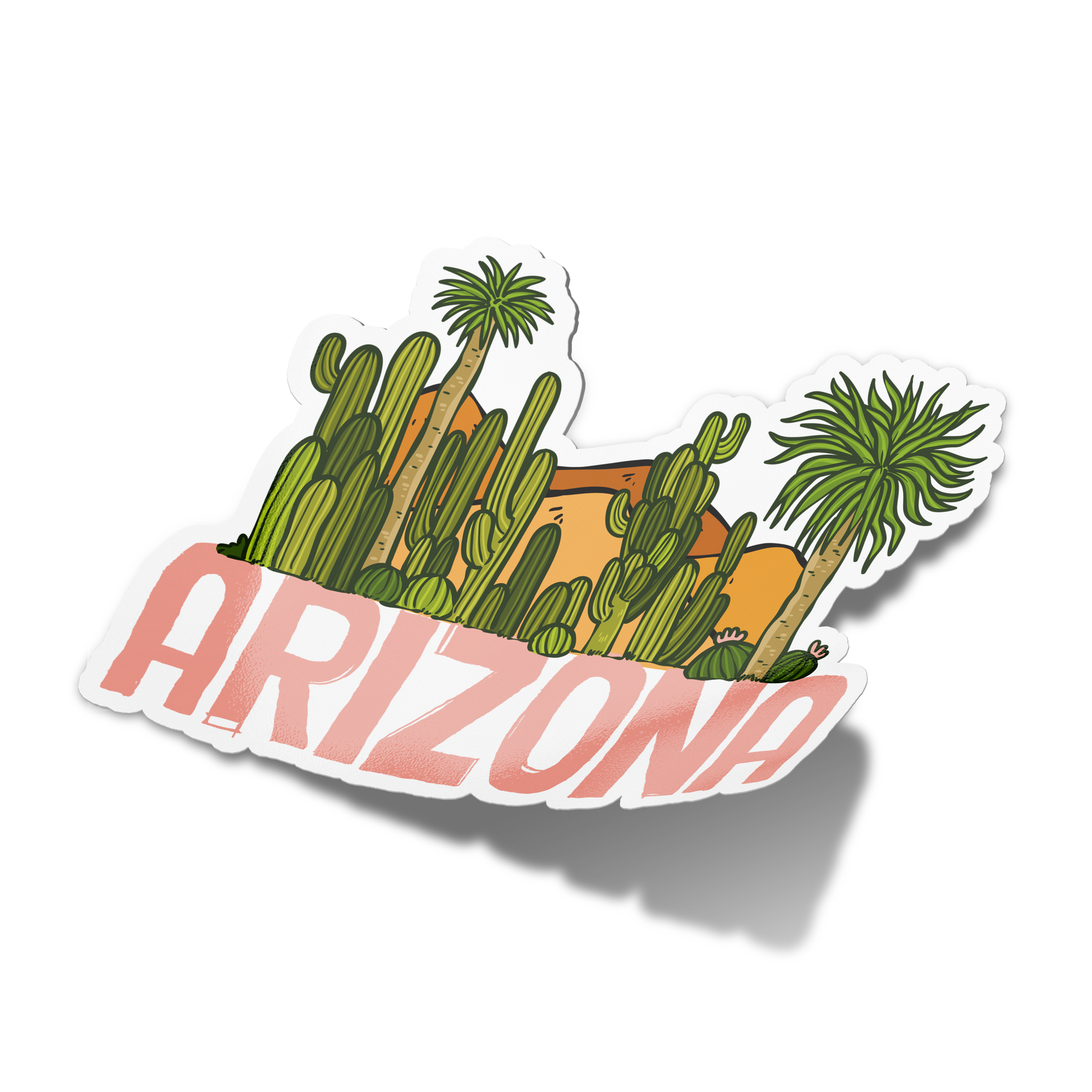 A sticker with a green and brown design representing the state of Arizona, with the word 'Arizona' in the center.