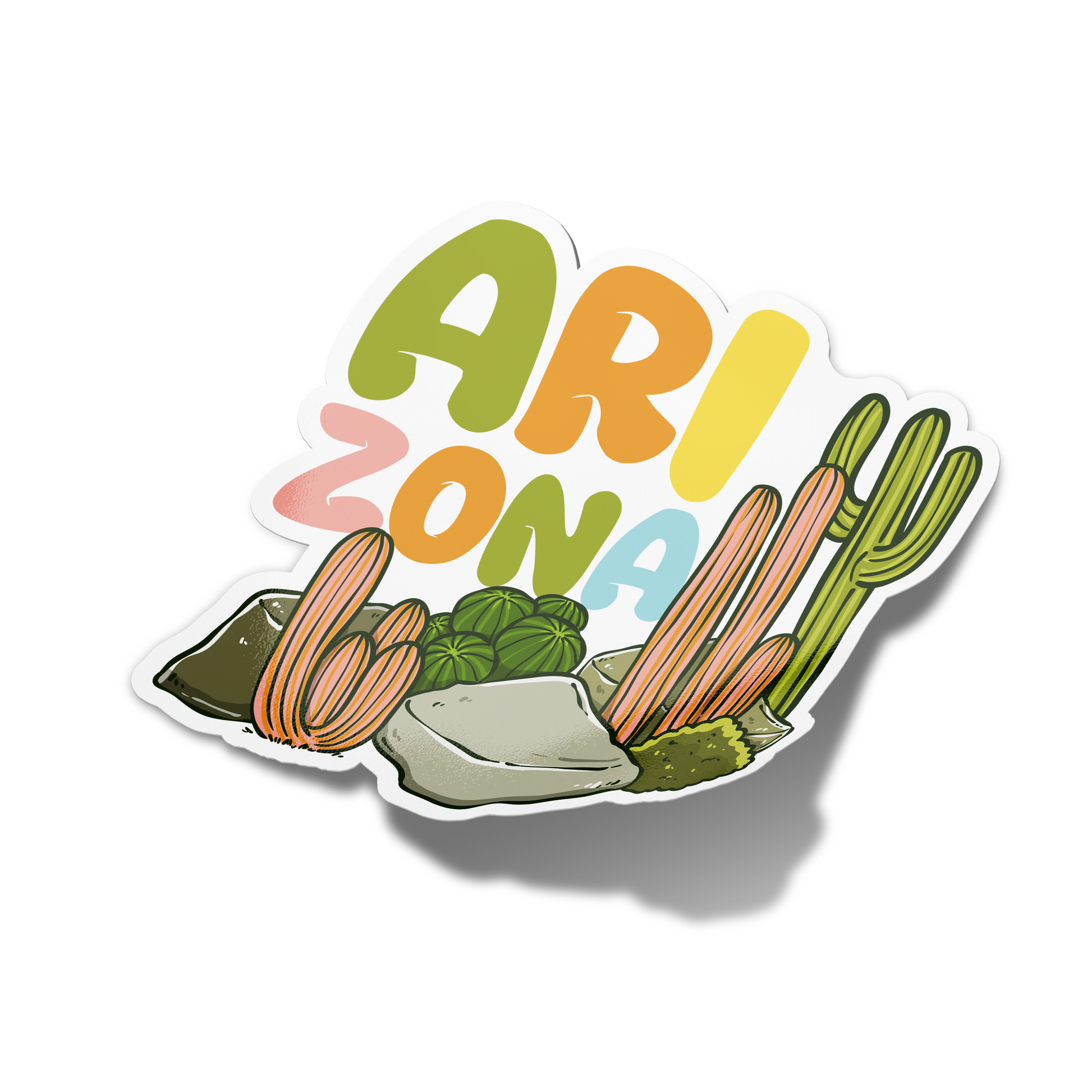 A sticker with a colorful design featuring the word 'Arizona' and images of cacti, rocks, and a sun in different colors.