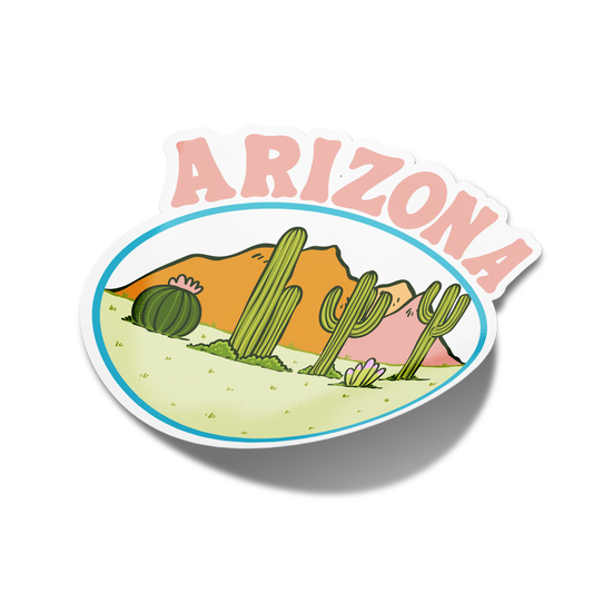 A sticker with a cartoonish illustration of Arizona with cacti and mountains, and the word 'Arizona' in the center.