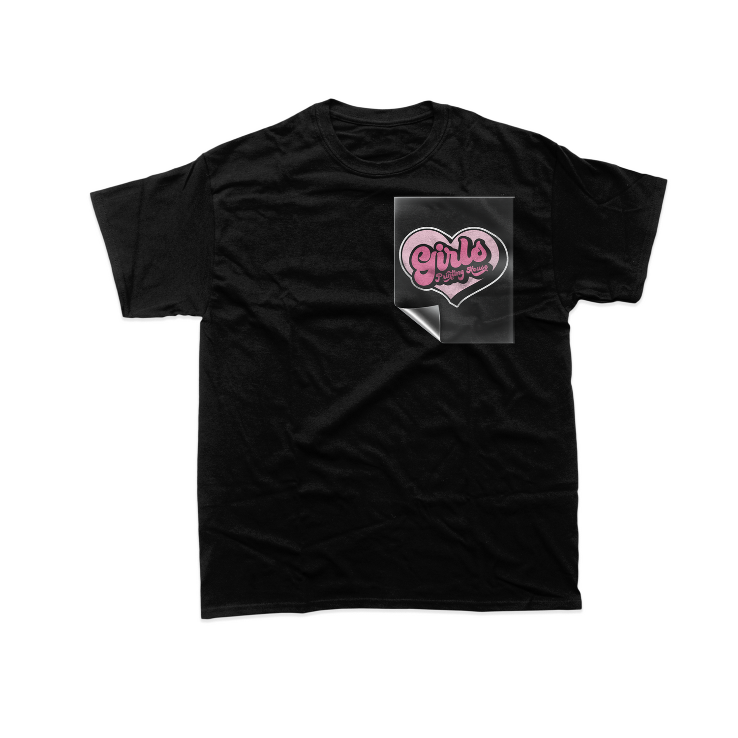 A black t-shirt with a custom shape iron-on heat transfer design of the word 'Girls' in pink.