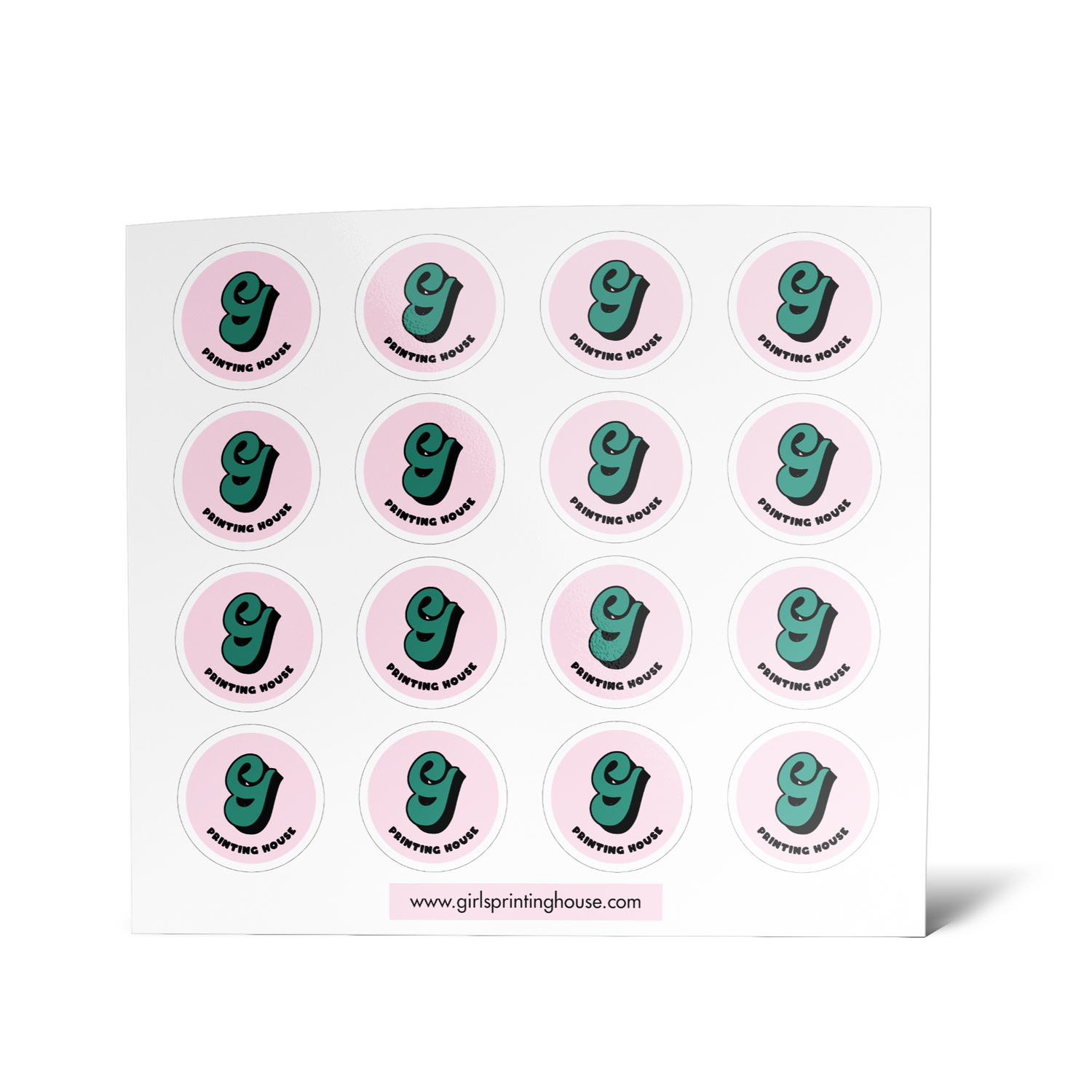 A sheet of custom vinyl stickers with a green graphic design on a pink background.