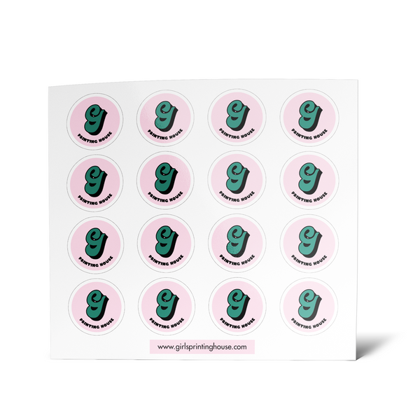 A sheet of custom vinyl stickers with a green graphic design on a pink background.